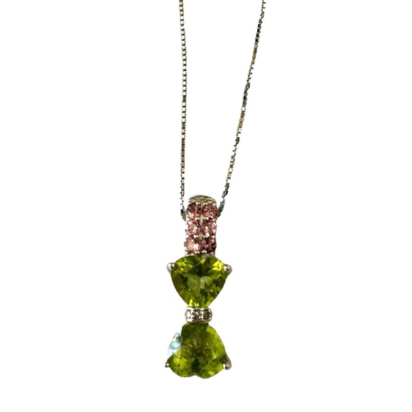 Chartreuse green peridot and pink gemstone bow pendant necklace 🎀💚 - Picture 3 of 9